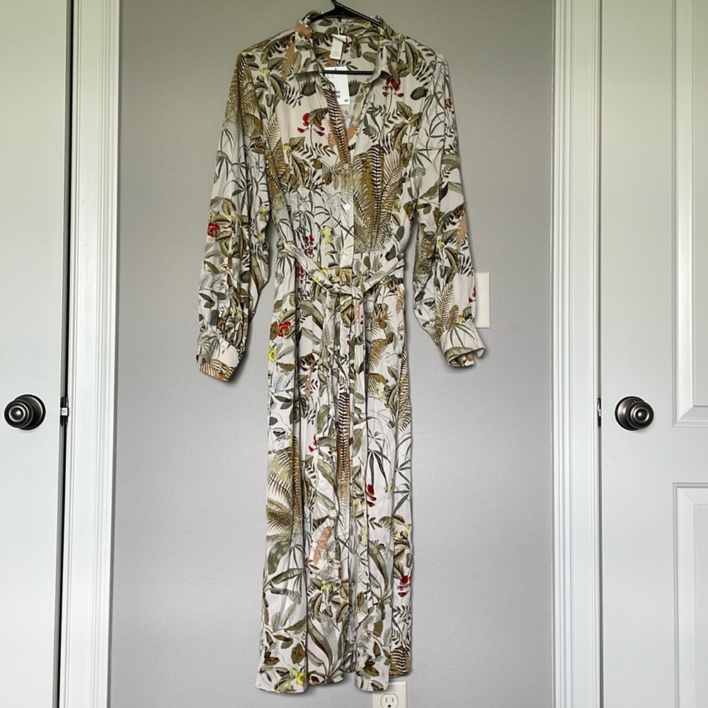 H&M shirt dress with tie belt in beige/leaf print